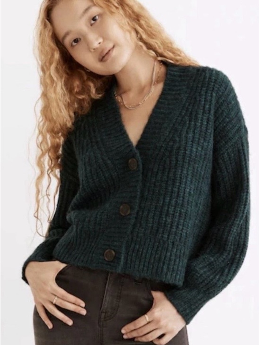 Madewell Deep Teal Green Chunky Wool Knit Waller Cropped Cardigan Sweater M